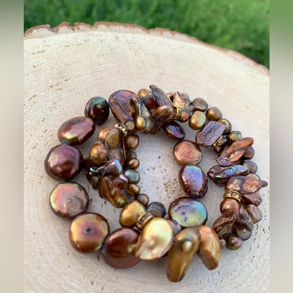 Natural Brown & Copper Cultured Baroque High Luster Freshwater Pearl Bracelets - Picture 9 of 15